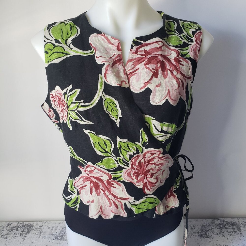 Vintage Bob Mackie Studio Black Floral Linen Lined Sleeveless Wrap Vest
